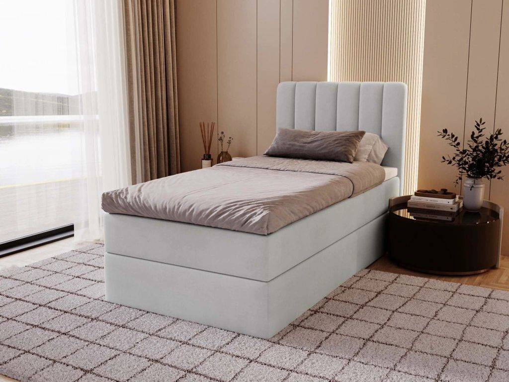MYSEN Boxspringbett 90x200 Lamini mit Bettkästen mit Matratze (14 cm) mit Topper (4 cm) Komplett-Set Polsterbett Bonell H3 Hellgrau