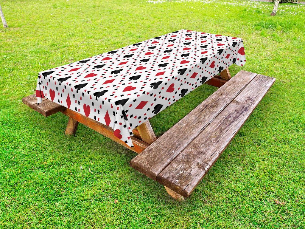ABAKUHAUS Kasino Tischdecke Outdoor, Poker Cards Werbung Urlaub Getaways Tourist Destinations Vergnügen Kunstdruck, Schwarz Rot, 145x305cm