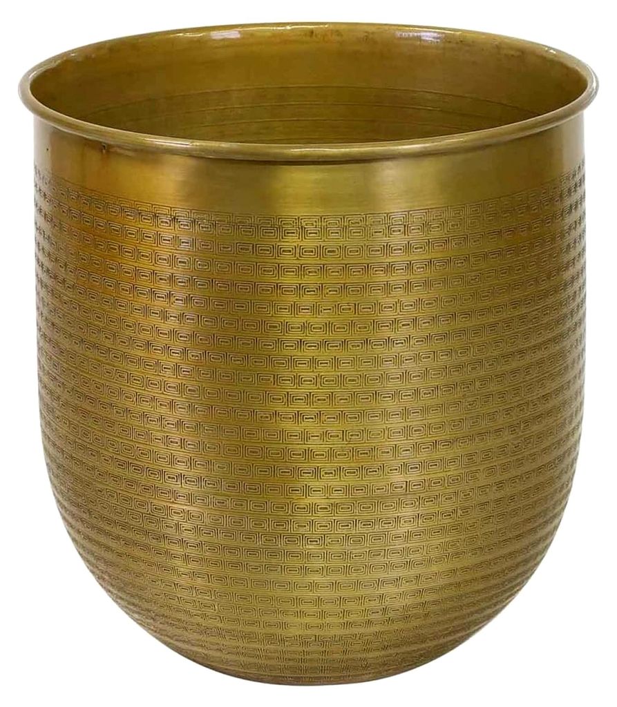 Barcelona L 34x34 cm in Antik-Gold Look rund handgefertigt ÜBERTOPF Boho PFLANZENKÜBEL Designer Blumen Kübel Aluminium mit Hammerschlag ABK202
