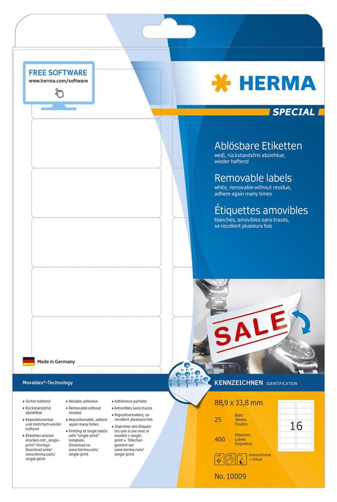 HERMA 10009, Bílá, Zaoblený obdélník, Vyjímatelná, Papír, Obrázek produktu 