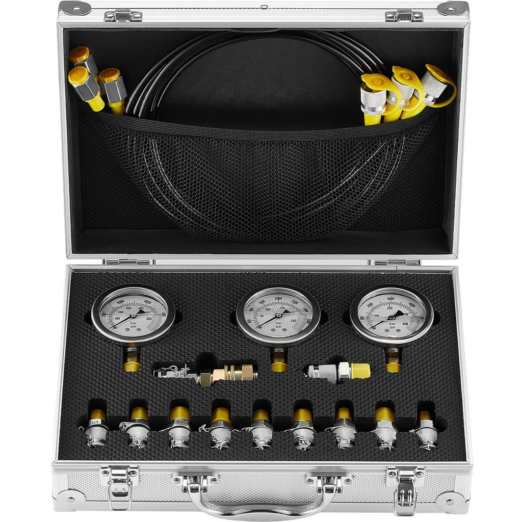 VEVOR Hydraulikdruck-Testset, 250 / 400 / 600 bar, 3 Messgeräte, 11 Prüfkupplungen, 3 Prüfschläuche, Bagger-Hydraulik-Testmessgeräte-Set mit T...
