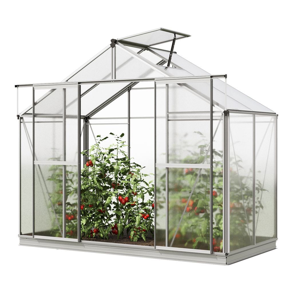 A greenhouse with tomato plants inside, shown against a white background.