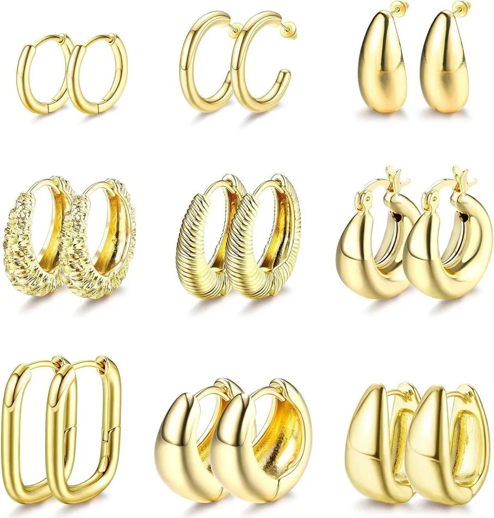 Boucles d'Oreilles Créoles Légères et Sans Nickel Set Or 14K 9 Paires