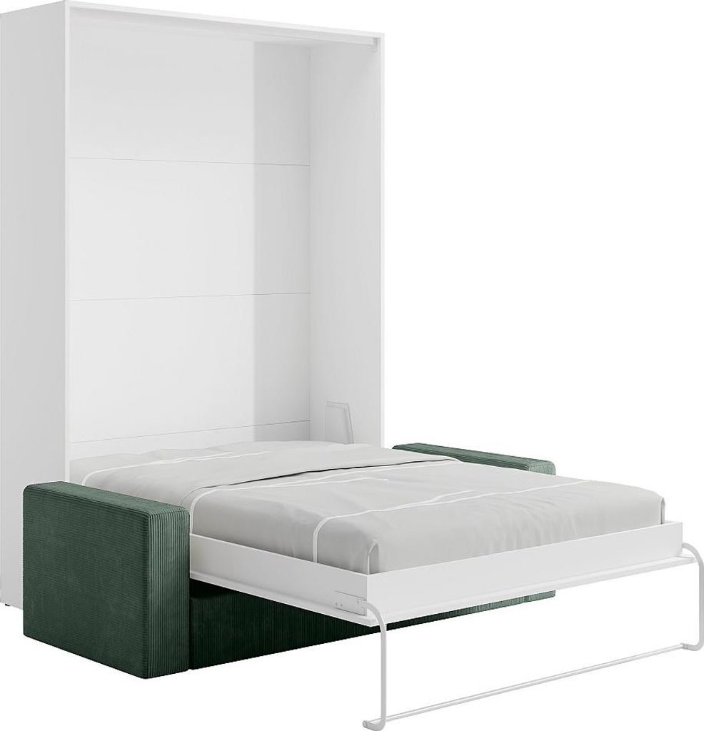 Schrankbett 140 x 200 cm - Manuelle vertikale Öffnung - Weiß + Matratze + Grünes Sofa - BEGANIO