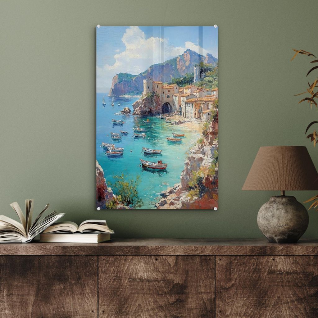 MuchoWow Glasbilder - Bilder auf Wandbild - Foto auf Glas Küstendorf - Malerei - Felsen - Boote 40x60 cm Wanddekoration aus Glas - Acrylglasbild -...