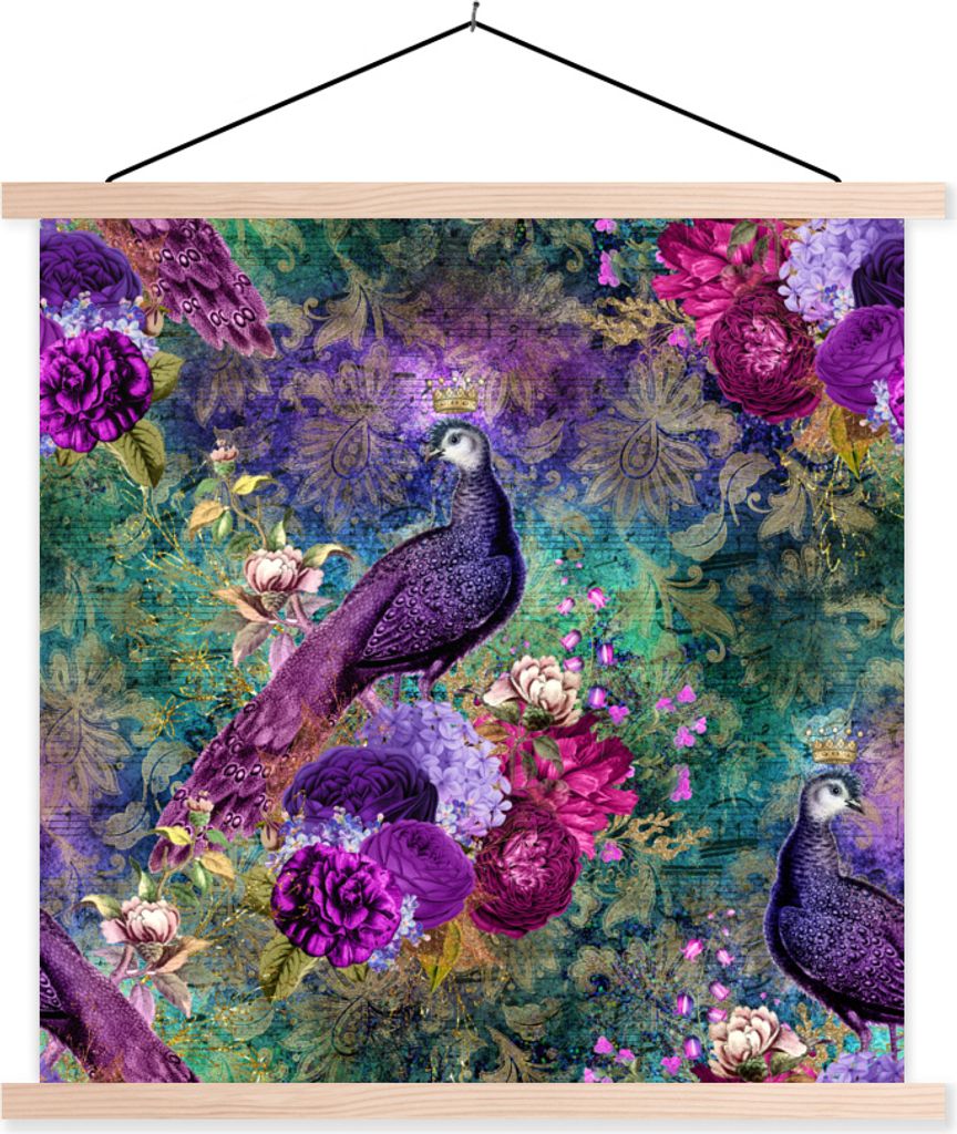MuchoWow Textilposter Muster - Pfau - Violett 40x40 cm mit holzfarbenen Rahmen - Posterleiste