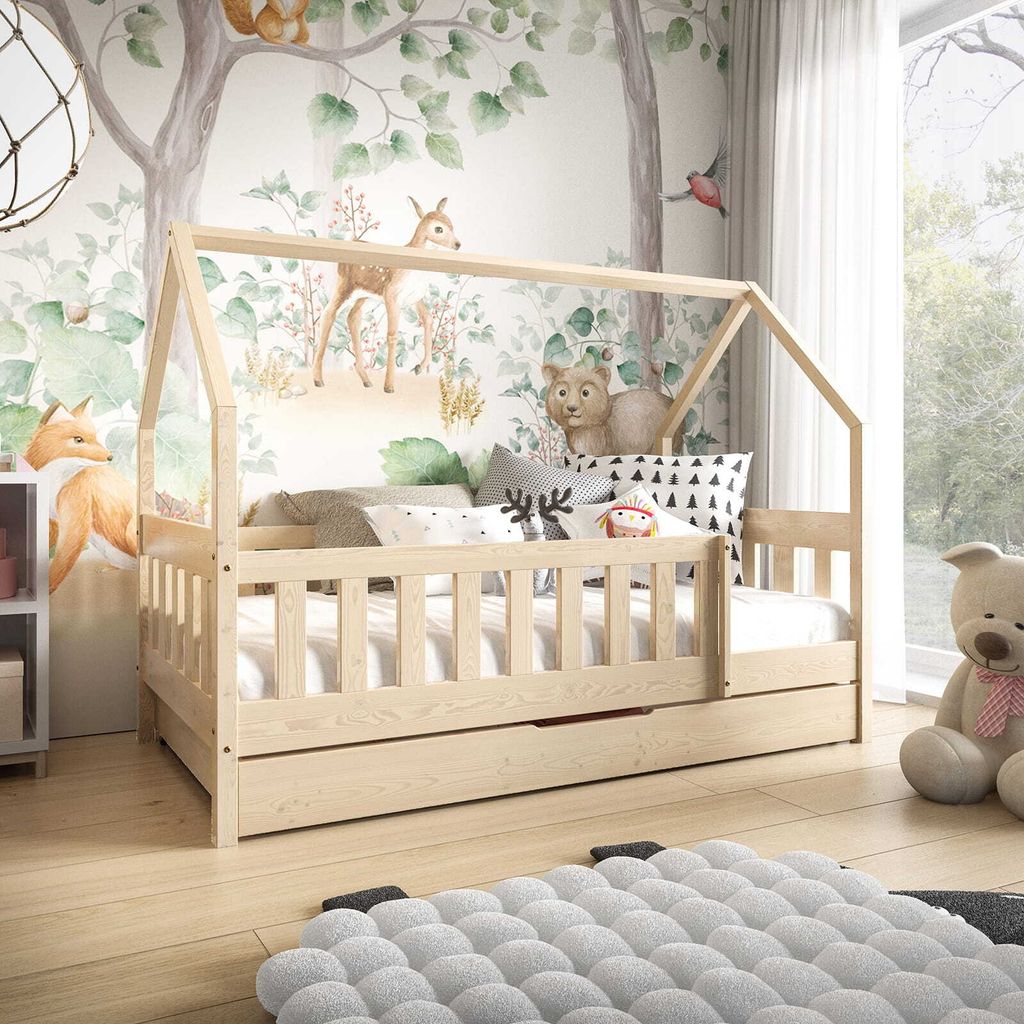 Kinderbett mit Matratze und Schublade, Rausfallschutz, 80x160cm Hausbett, Holzbett in Hausform in Kiefer MILA