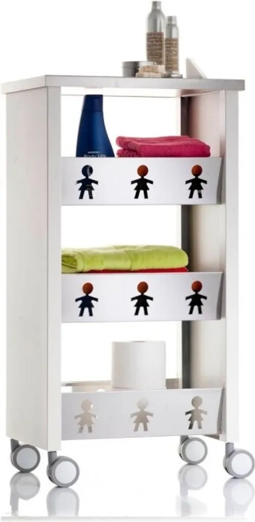 Meuble de rangement fin BALI en acier inoxydable et blanc sur roulettes