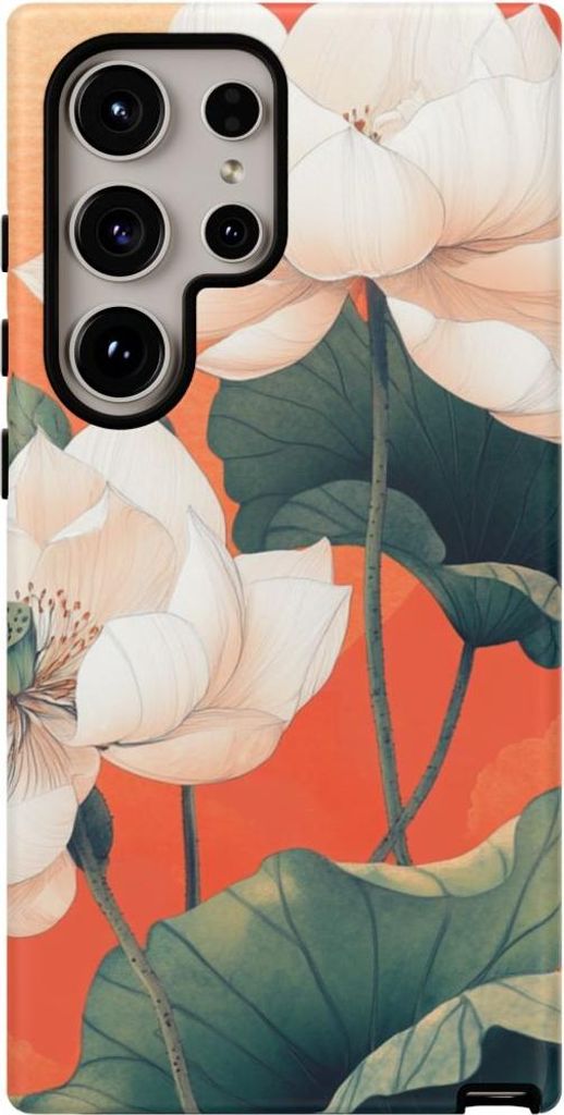 Weiße Lotusblüten mit grünen Blättern auf orangefarbenem Hintergrund – Hülle Kompatibel mit Samsung Galaxy S24 Ultra