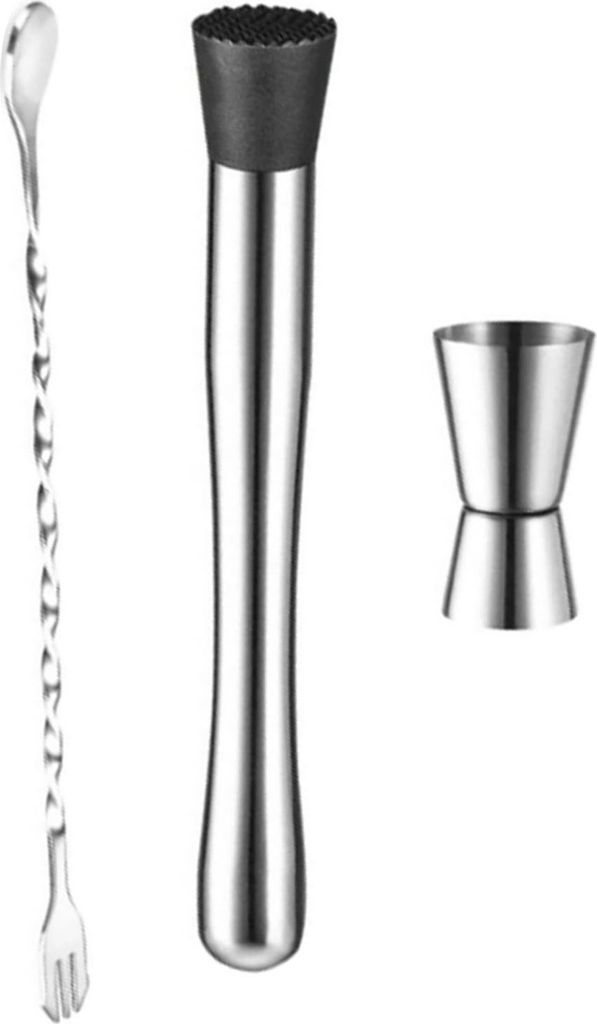 3-teiliges Cocktail-Mixer-Set aus Edelstahl: Rührlöffel, Zitronen-Stampfstab, 15 ml, 30 ml, Messbecher, Bar-Zubehör