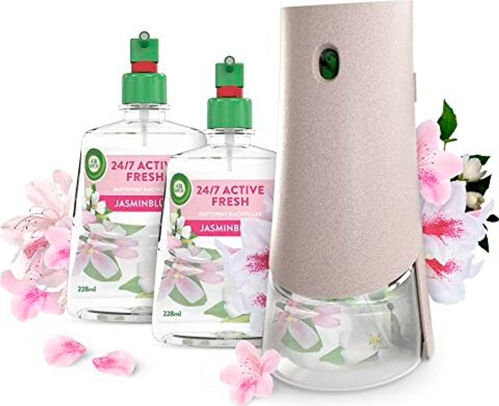 Air Wick Active Fresh – Starter Set – Aeorosolfreier, automatischer Lufterfrischer – Raumduft Jasminblüte – 2 x 228 ml Nachfüller + Gerät