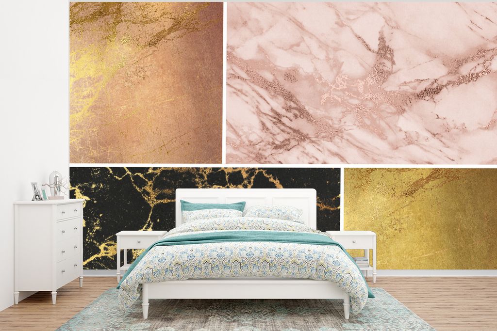 MuchoWow Fototapete für Wohnzimmer oder Schlafzimmer Wandtapete Vinyl Motivtapete Marmor - Roségold - Collage - 375x280 cm - Schlafzimmer tapete