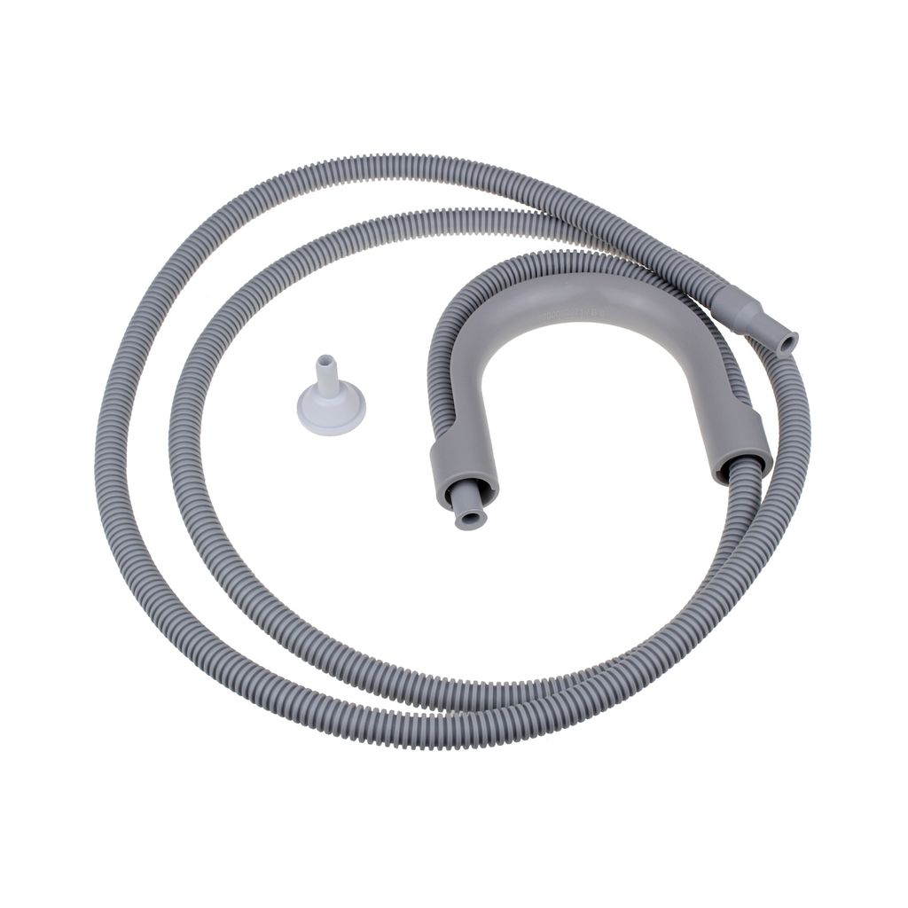 A set of dryer condensate drain hoses and a connector, laid out on a white background.