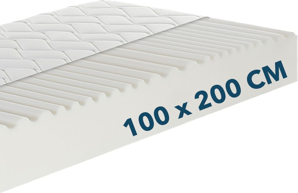 A close-up, angled view of a white mattress with a quilted top and a ribbed foam core. Text indicating dimensions is printed on the side.