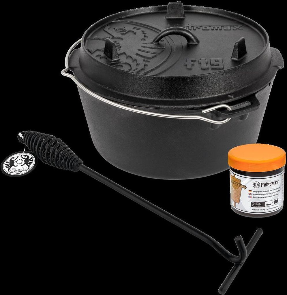 Petromax Dutch Oven FT9-9QT Feuertopf mit Füßen - Set - Pfanne + Deckelheber +