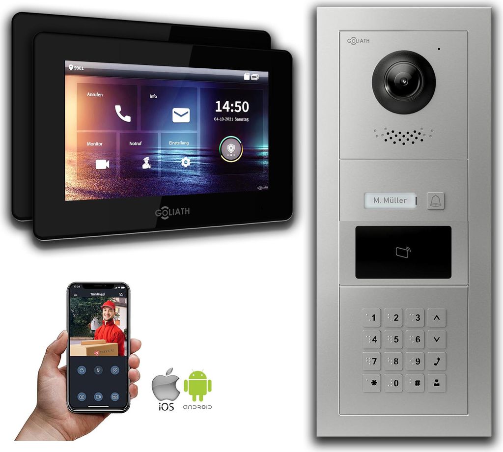 Türsprechanlage mit Kamera Goliath IP 2-Draht 2-Monitor Zahlencode RFID : Unterputzdose : 7 Zoll in Schwarz Türklingel Montagedose: Unterputzdose...