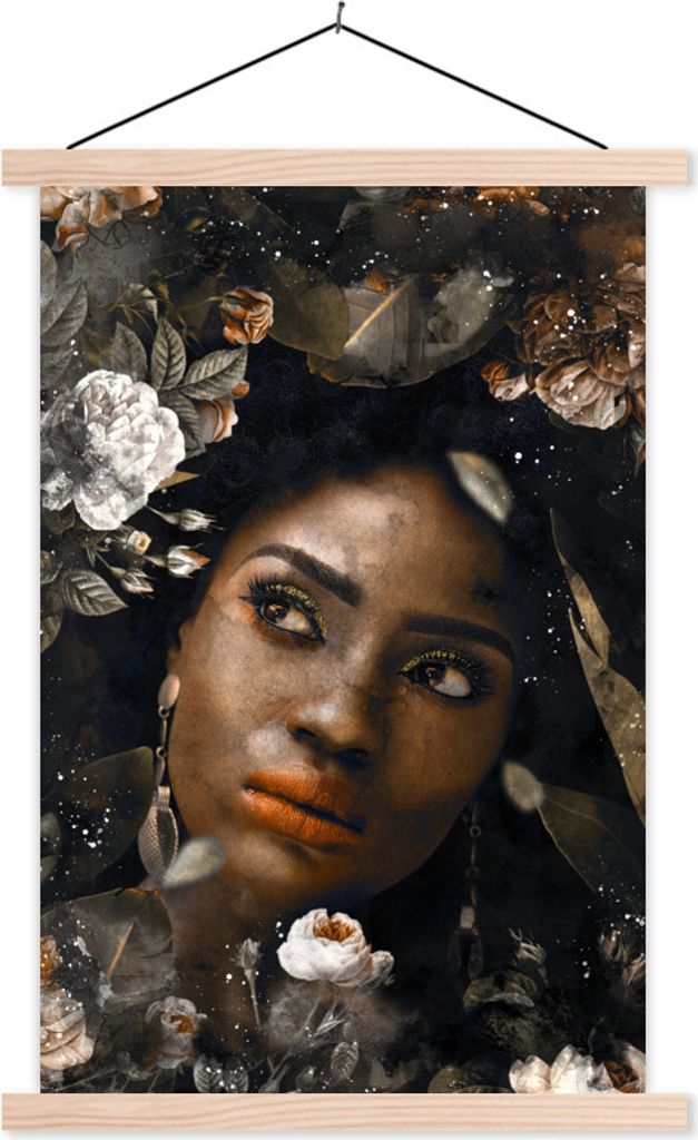 MuchoWow Textilposter Frau - Blumen - Farbe 40x60 cm mit holzfarbenen Rahmen - Poster