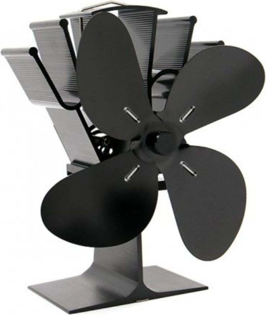 A black stove fan with four blades on a white background.