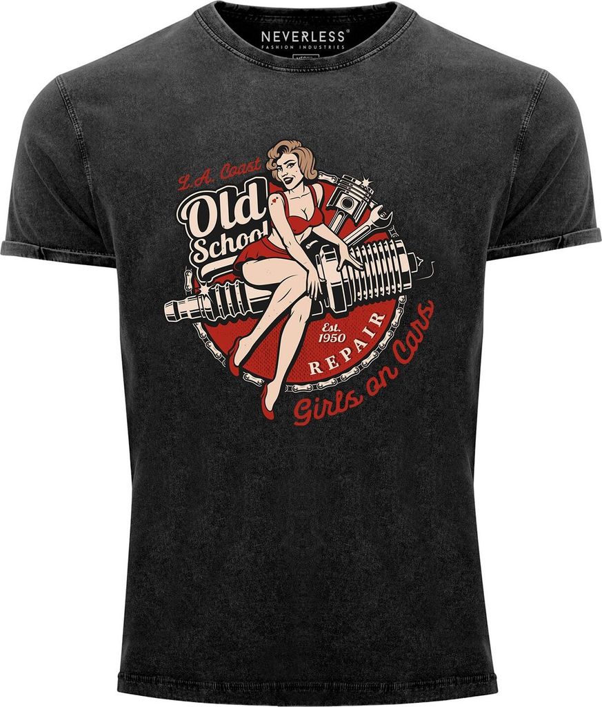 Neverless Herren T-Shirt Vintage Shirt Printshirt Girls on Cars Retro Vintage Print Pin up Girl Logo Aufdruck Used Look Slim Fit schwarz XXL