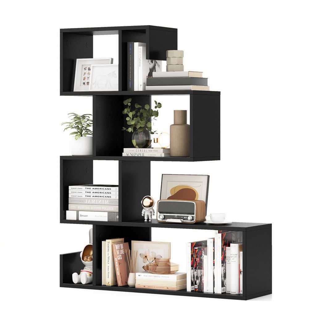 COSTWAY 5-stufiges S-förmiges Bücherregal, geometrisches Ablageregal mit offenen Fächern Schwarz