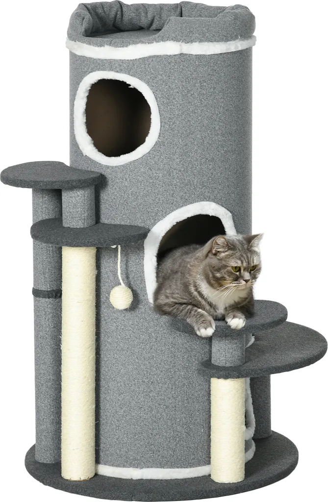 Meuble pour chat avec griffoir et cachettes, idéal pour petits espaces