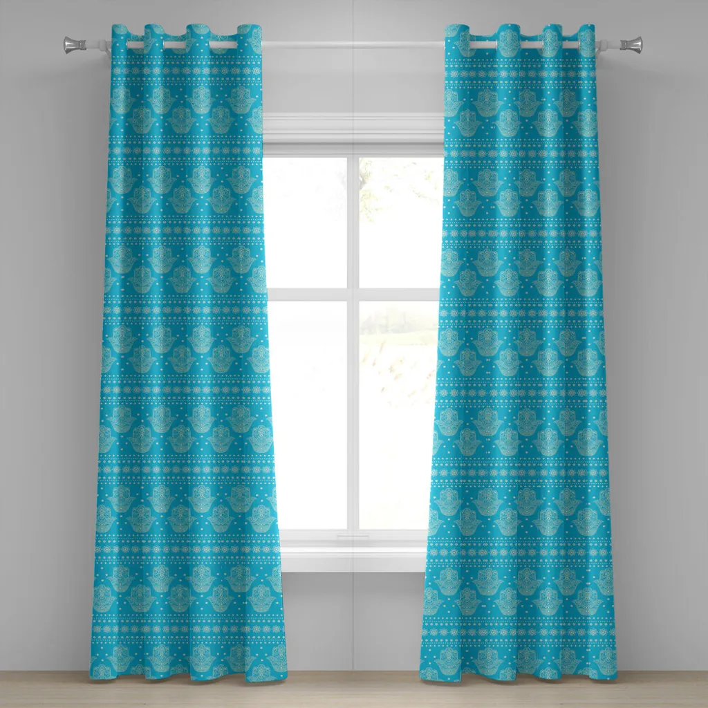 ABAKUHAUS Tenda con occhielli Hamsa, tema cultura orientale Mani Hamsa Amuleto geometrico e floreale come stampa, tende decorative a 2 pannelli per finestre, 280 cm x 245 cm, blu