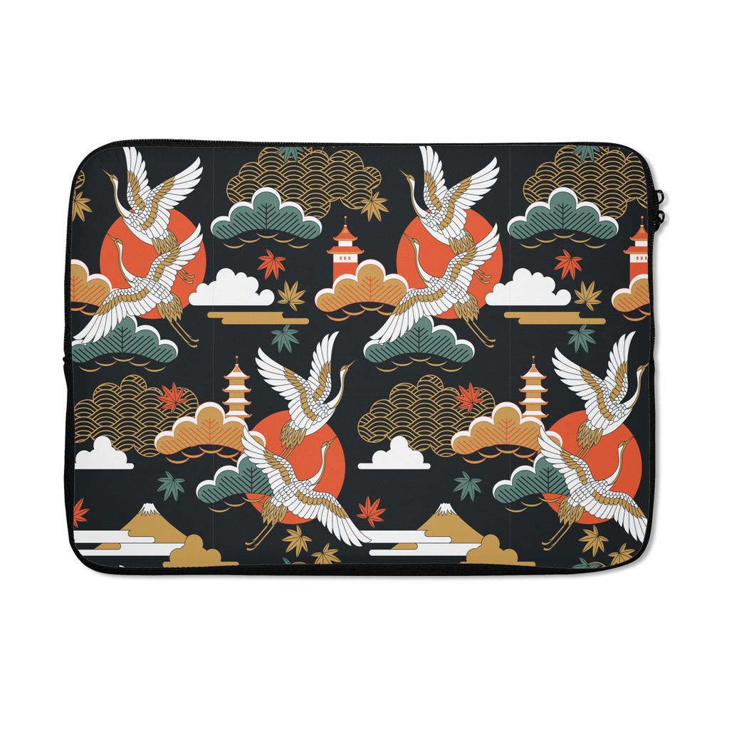 MuchoWow Laptop Hülle 13 Zoll Kranich - Wolken - Japan - Muster Laptoptasche - Laptophülle - Sleeve - Rundumschutz