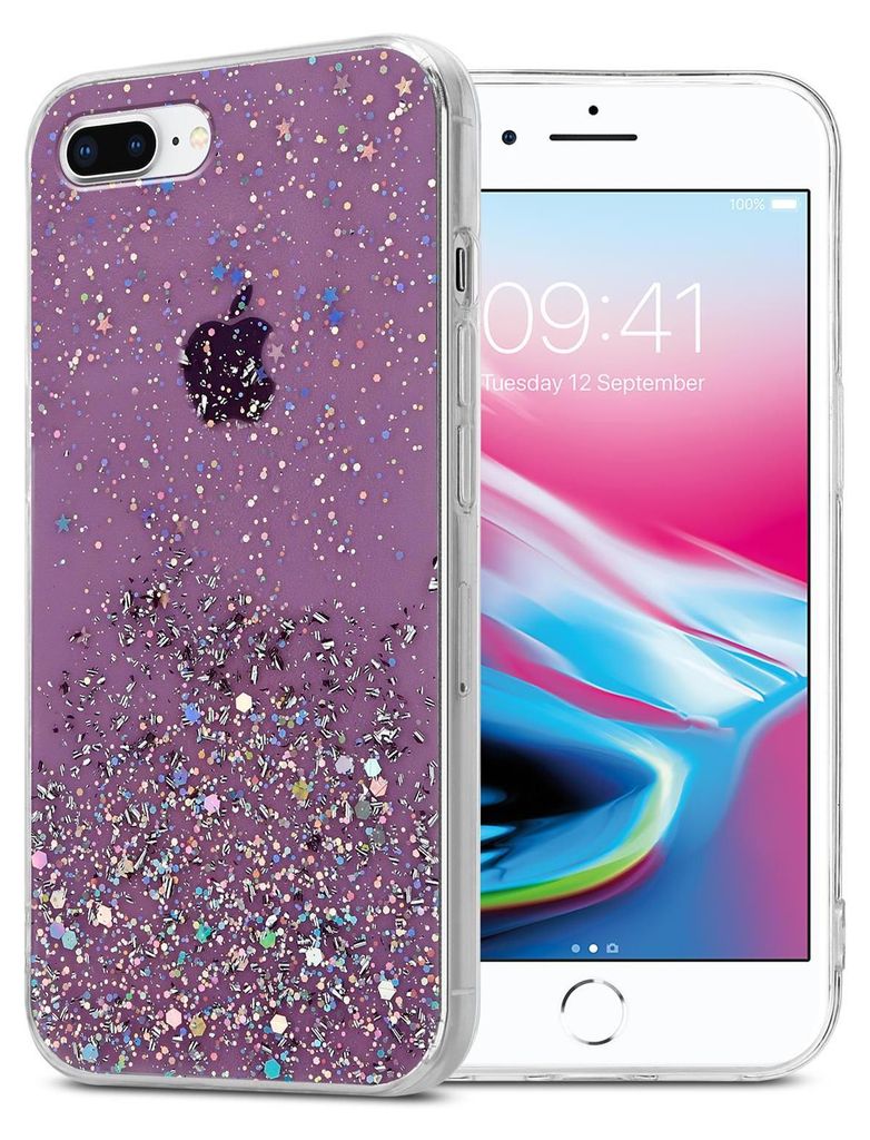 A phone case with glitter is shown next to a smartphone.