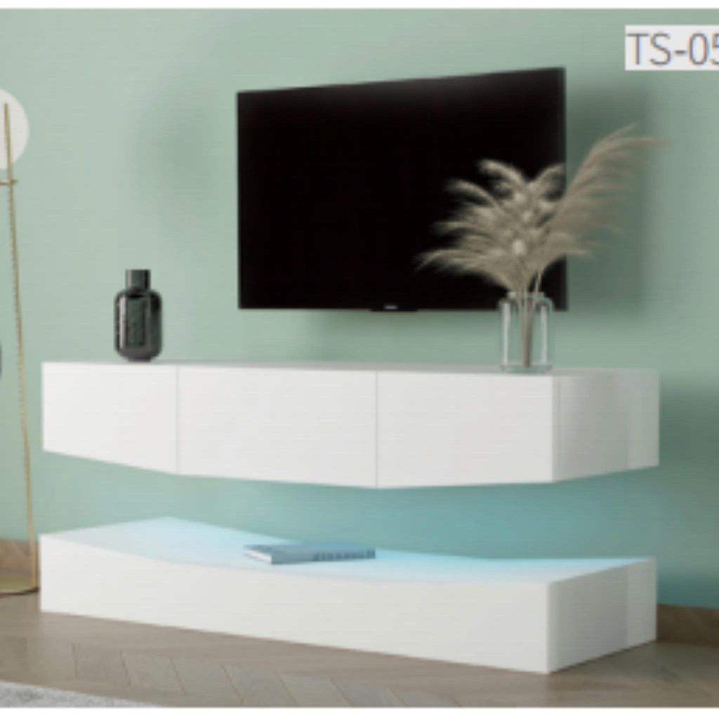 TV-Schrank W120 Weisses zweistufiges TV-Lowboard mit LED Beleuchtung UV Hochglanz modernes Wohnzimmer TV-Moebel Wandmontage und Standmontage