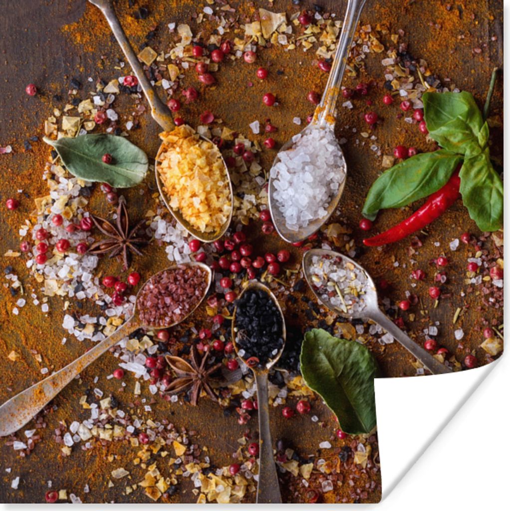 MuchoWow Poster Gewürze - Kräuter - Löffel - Salz - Braun - Küche 100x100 cm - Babyzimmer