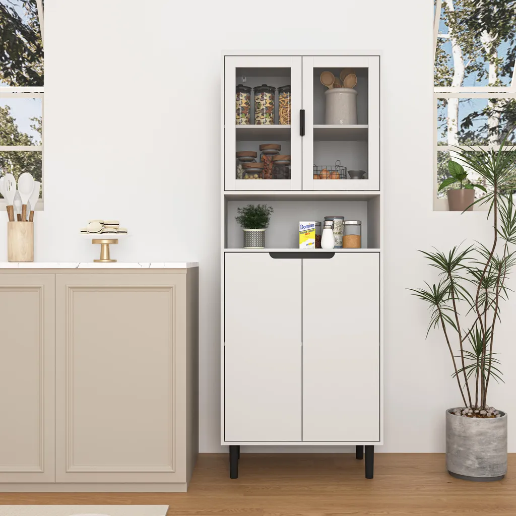 Armoire Vitrine Blanche avec Portes en Verre et Tiroirs de Rangement