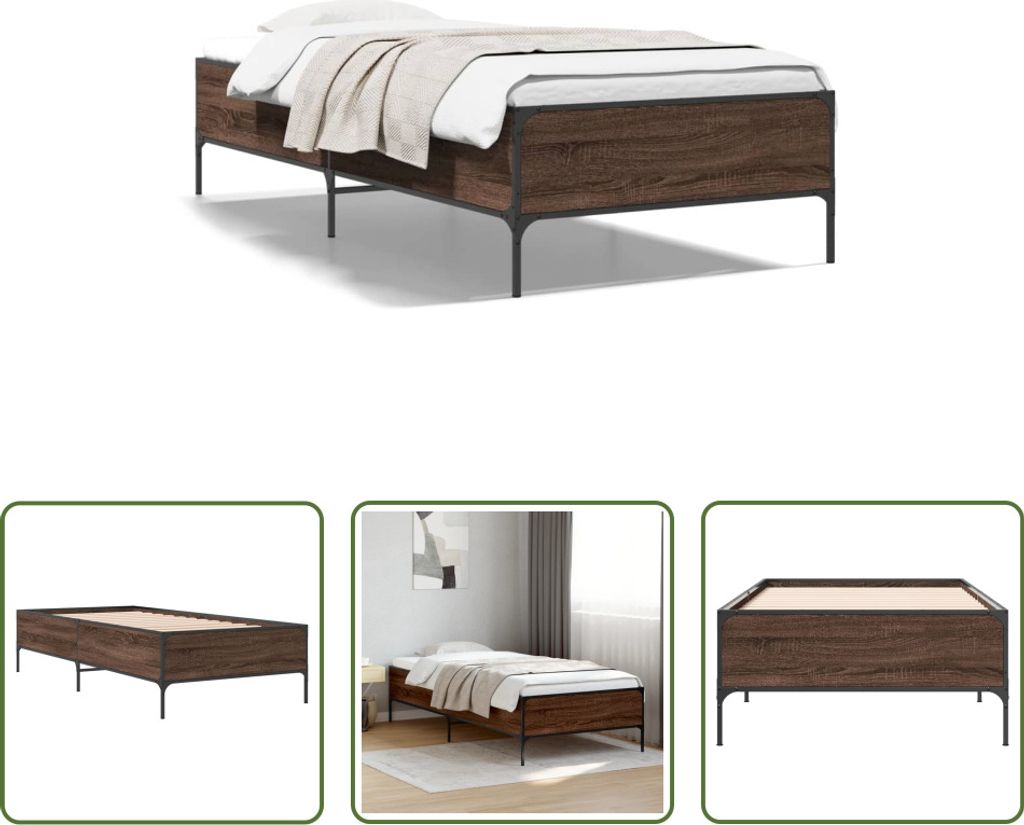 The Living Store Bettgestell Braun Eichen-Optik 90x200 cm Holzwerkstoff Metall