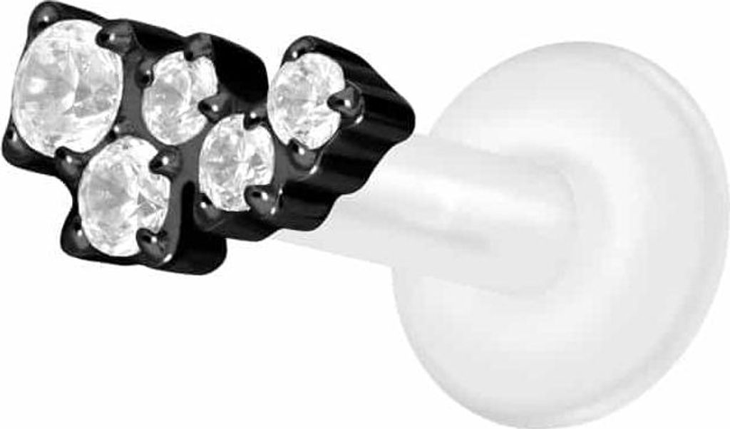 Ohrpiercing, Nasenpiercing PTFE Labret mit Innengewinde + Titan-Aufsatz KRISTALLWOLKE Schwarz Stablänge: 6mm | Stabstärke: 1,6mm