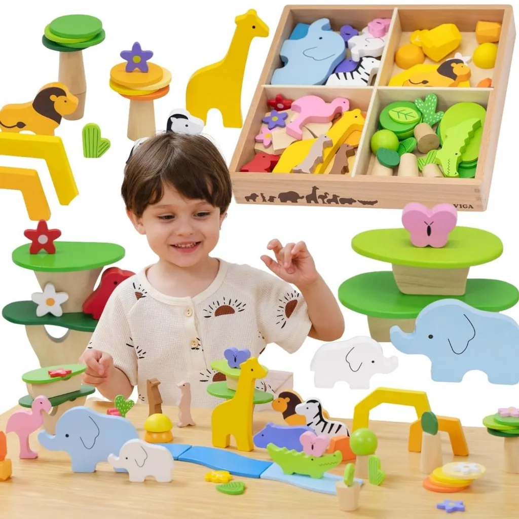 Blocs en bois tropicaux colorés Viga - 55 pièces pour créer et jouer