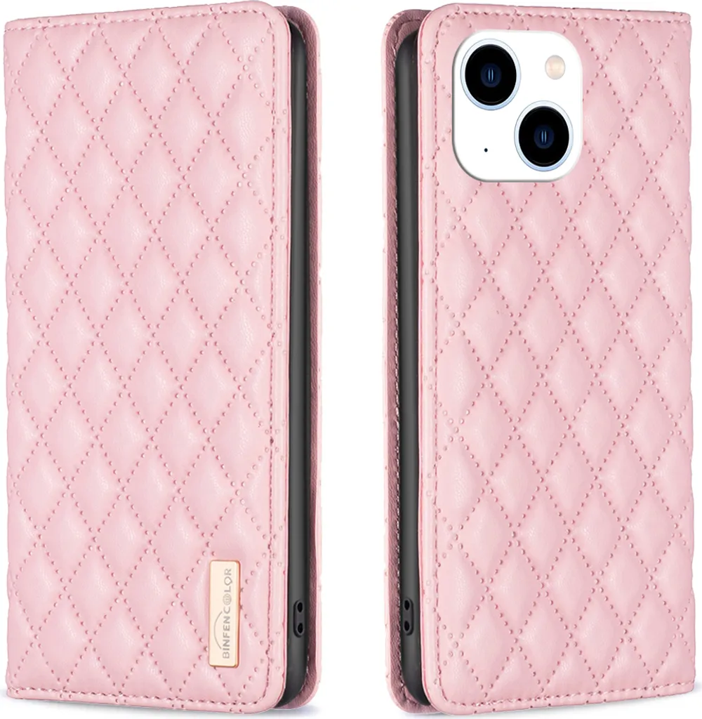 Custodia Flip iPhone 15 con Supporto e Porta Carte Pelle Rosa