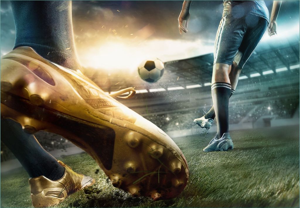 Wallario Fototapete Vliestapete, seidenmatte Oberfläche, einfache Verarbeitung, Größe 300 x 210 cm, Motiv Fußball Goldschuh auf dem Feld