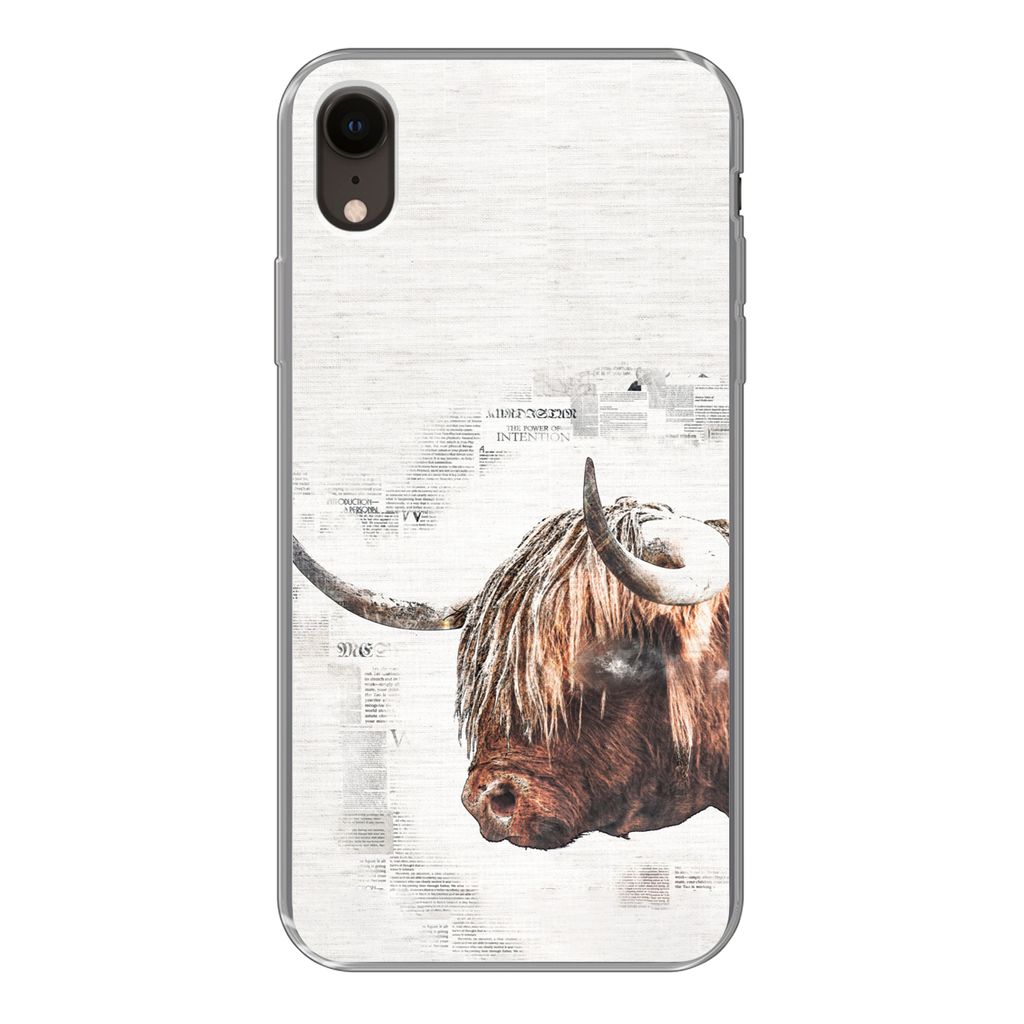 MuchoWow Handyhülle Schutzhülle Hülle für iPhone XR Scottish Highlander - Tiere - Zeitungspapier Silikon Softcase Handy Hülle - Schutzdeckel