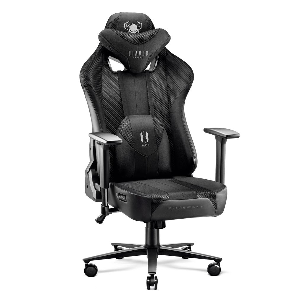 A black gaming chair with a white background.