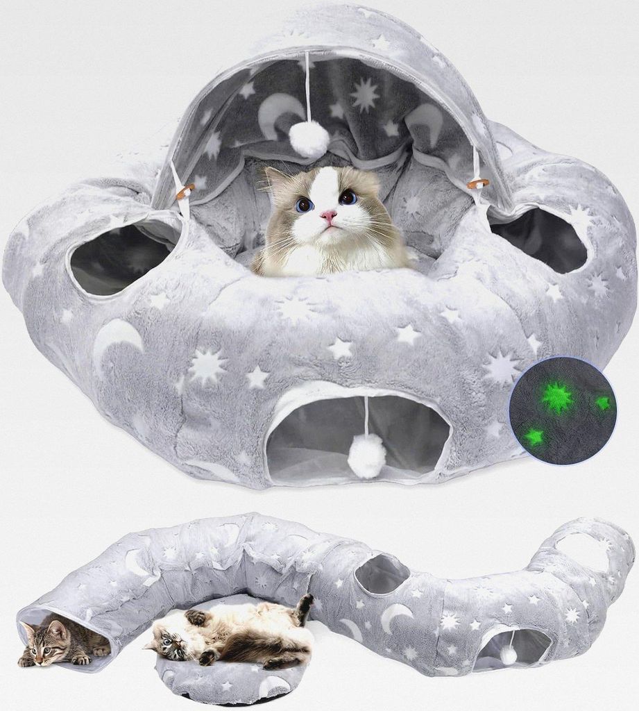 Katzentunnel mit Leuchtfunktion, Faltbar Katzen Tunnel mit Spielball Katzebett, Multifunktionales Rascheltunnel Katzenhöhle Interaktives Spielzeug...