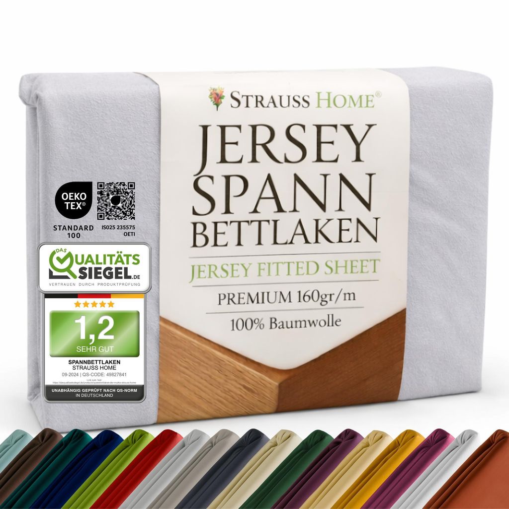 Strauss Home Premium Spannbettlaken – 160 g/m² Gekämmte Baumwolle – Jersey in Hotelqualität – Formstabil & Langlebig – Rundumgummi –...