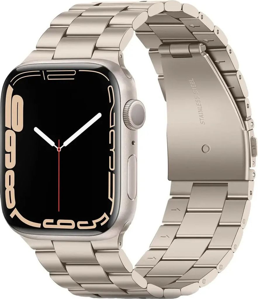 A close-up studio shot of an Apple Watch with a metal band.