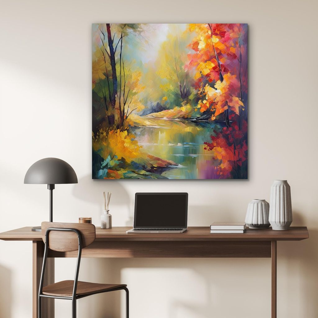 MuchoWow Wanddekoration Metall Metallbild Wandkunst 90x90 cm Landschaft - Ölgemälde - Fluss - Farbenfroh MuchoWow Aluminium Gemälde - Dekoration...