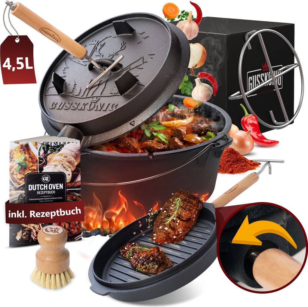 Gusskönig Dutch Oven 4,5 l ohne Füße 2in1 mit Deckelheber, Produktbild 