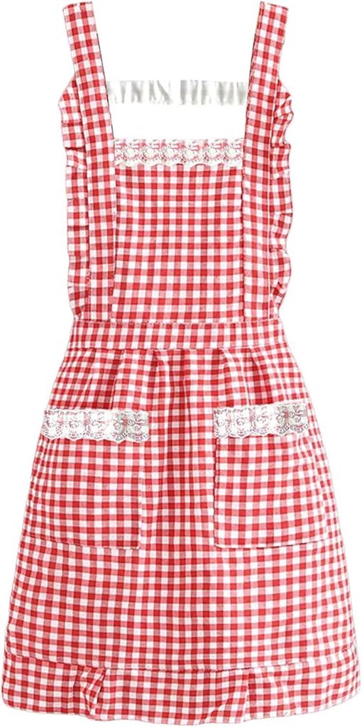 Niedliche, rot-karierte Schürzen (2-teilig), verstellbare Schürze mit 2 Taschen für Damen/Mädchen, Küche, Restaurant, Café