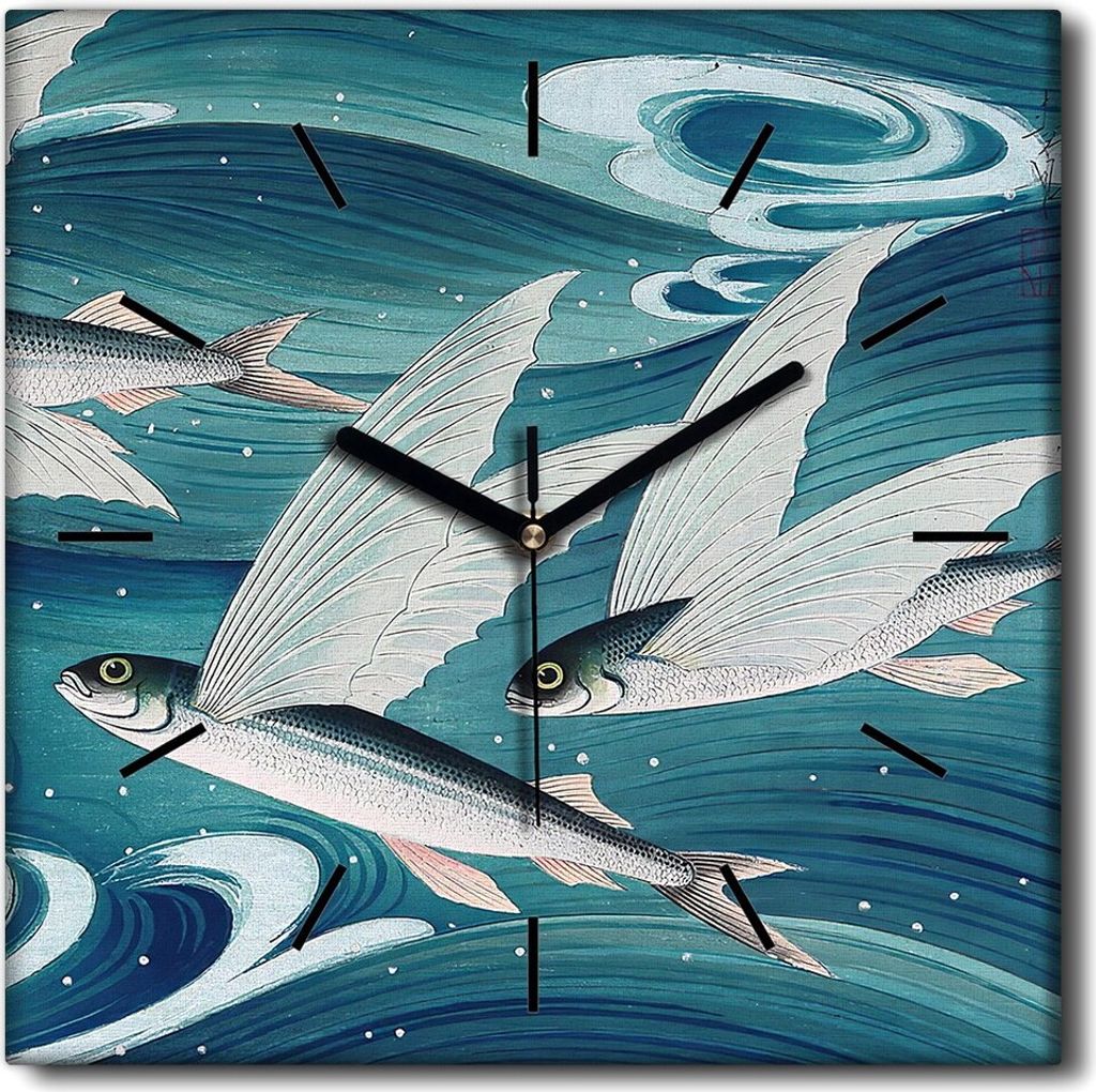 Coloray Uhr auf Leinwand 30x30 cm Wand Uhr Dekoration Wohnzimmer Segeltuch schwarze Hände -Japan fliegende Fische