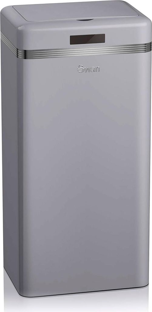 A gray retro-style trash can with a silver band and a small black digital display on the front.