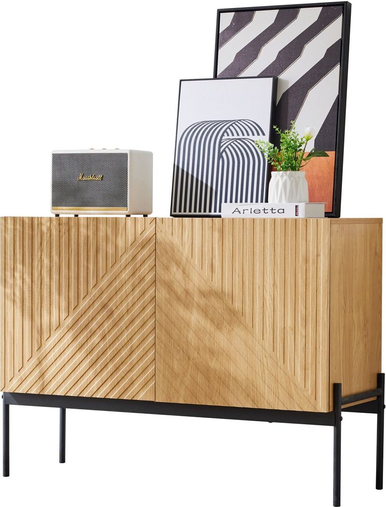 Sideboard mit 2 Tueren Buffet Kommode Schrank Linien-Design Lagerschrank Wohnzimmerschraenke Beistellschrank Multifunktionale Aufbewahrung Natur