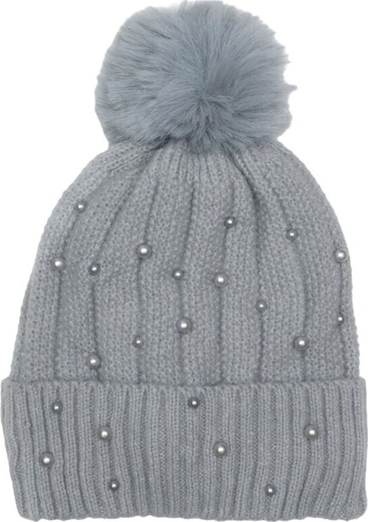 Graue Winterstrickmütze mit Bommel und Perlen, Produktbild 