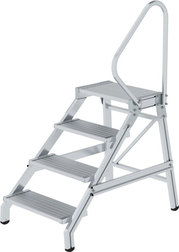 Montagetritt mit Handlauf | 4 Stufen | Aluminium geriffelt | Rutschfeste Kunststoffschuhe