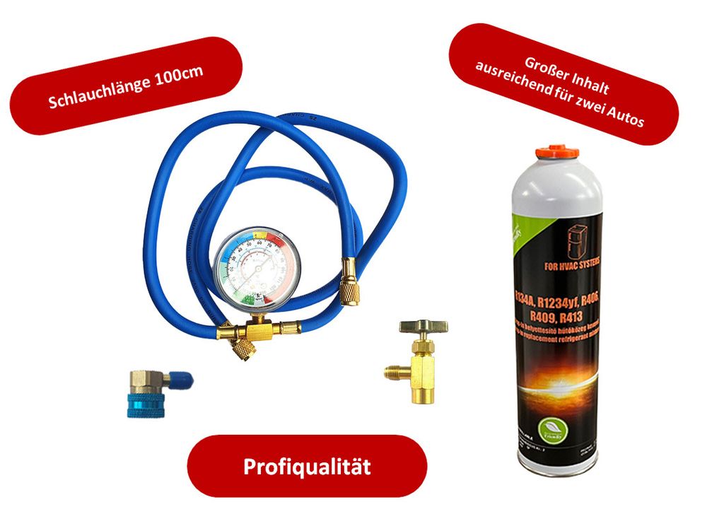 Füllset R1234yf Ersatzkältemittel 370g (entspricht 1100g R1234yf) + Entnahmeventil + Füllschlauch mit Manometer + Adapter für Autoklima